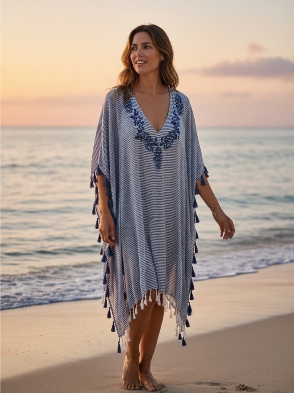 🏝️ DOLMA Blue & White Striped V-Neck Swim Coverup